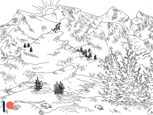 Pine Trees & Mountains Lineart