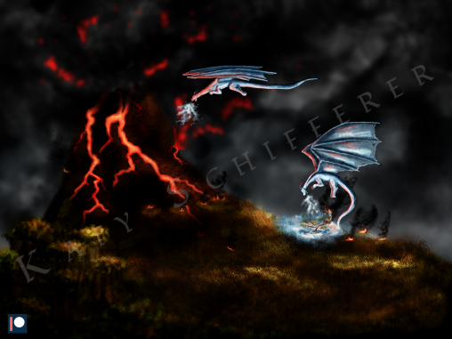 A drawing of an erupting volcano with two frost dragons attempting to cool it down.