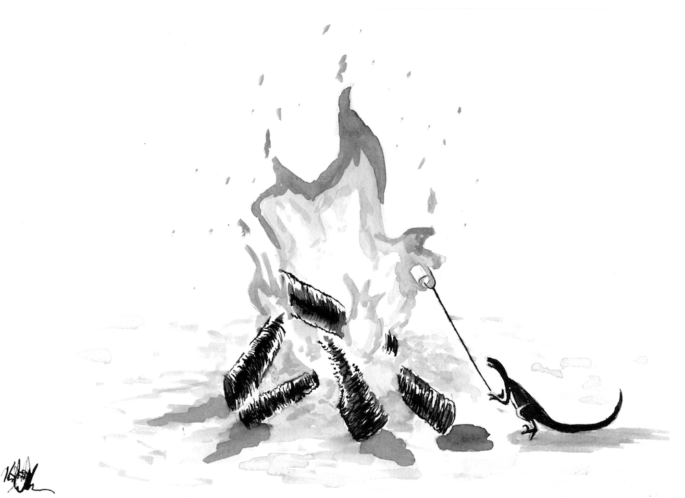 #Inktober #Inktober2018 Day 3: Roasted. Mini velociraptor roasting a marshmallow over a campfire.
